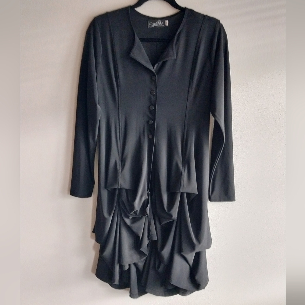 Sympli Black Artsy Lagenlook 3/4  Button Front Gathered Layered Hem Midi Dress